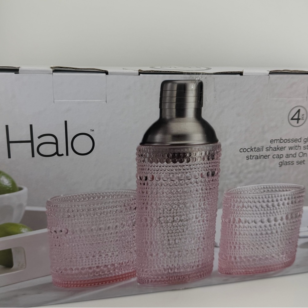 Halo Embossed Glass Cocktail Shaker Set with 2 Glasses in Blush Pink